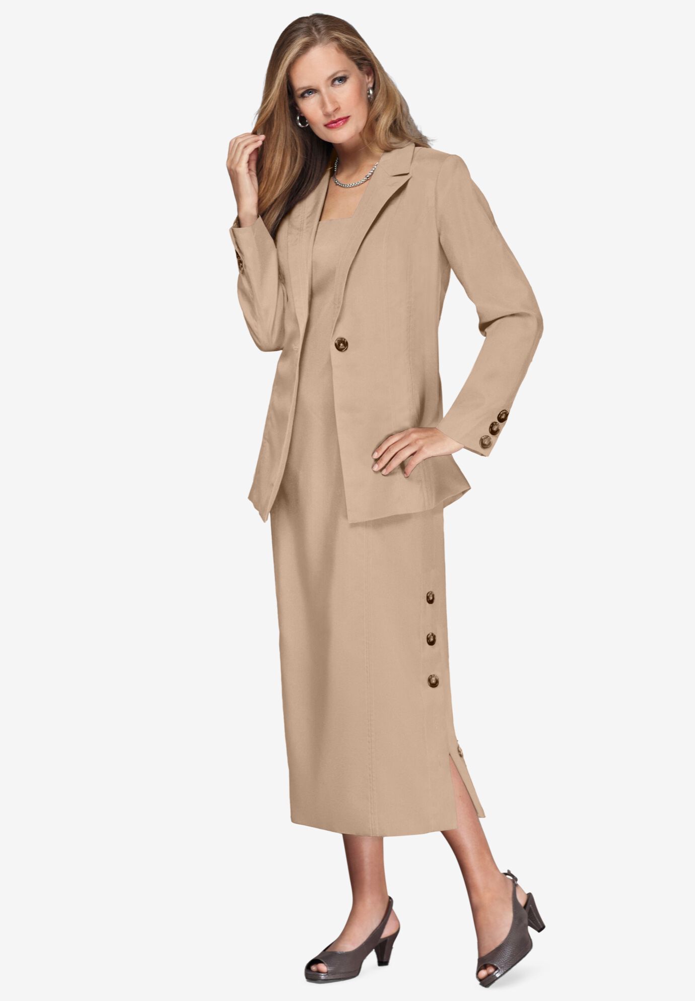 Button Knit Top Side Zipper Skirt Suit