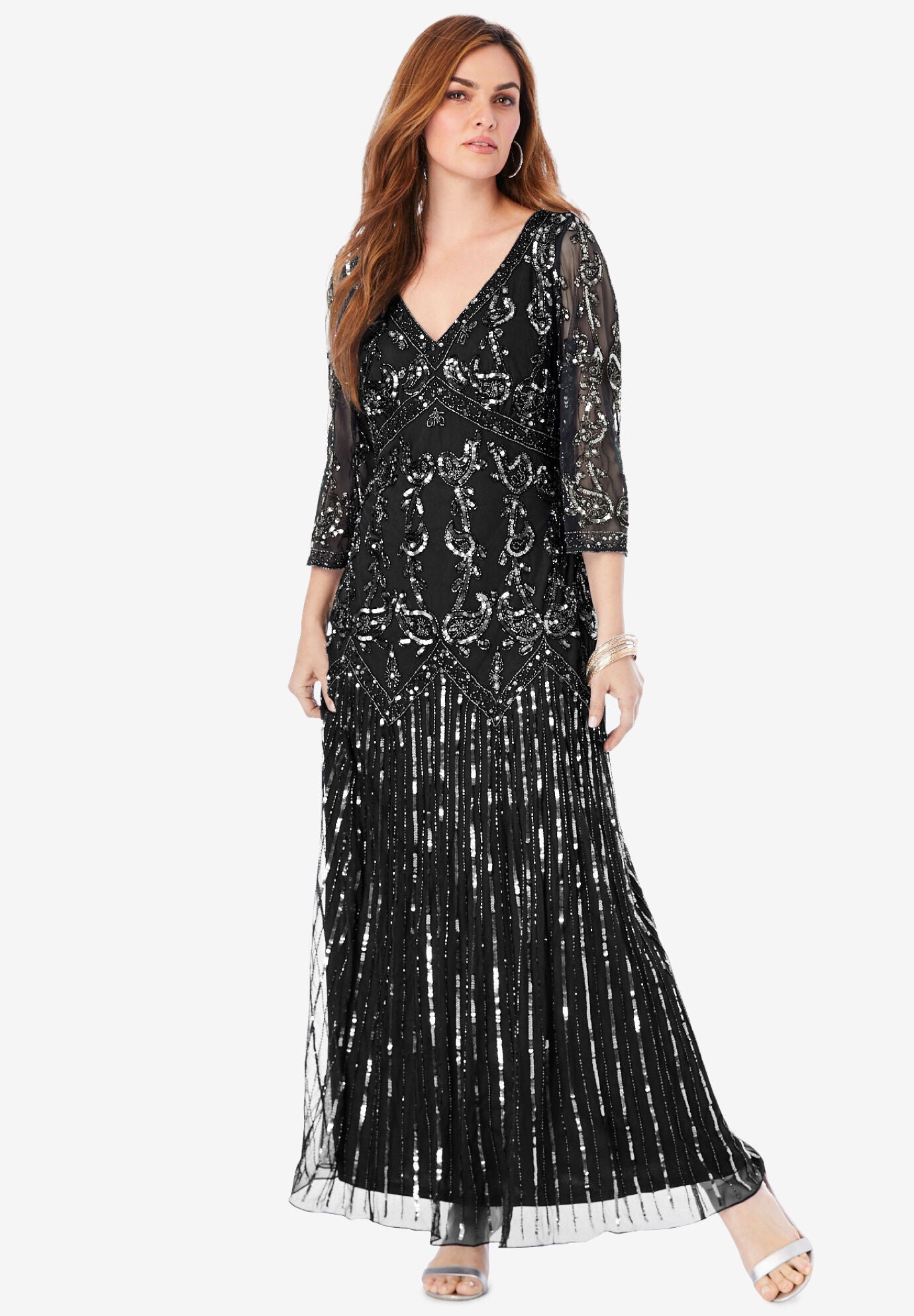 Pleated V-Neck Beaded Maxi Gown With Cap Sleeves Black main image 1