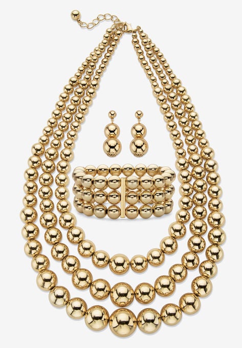 Gold Tone Graduated Bib 17" Necklace Set, GOLD, hi-res image number null