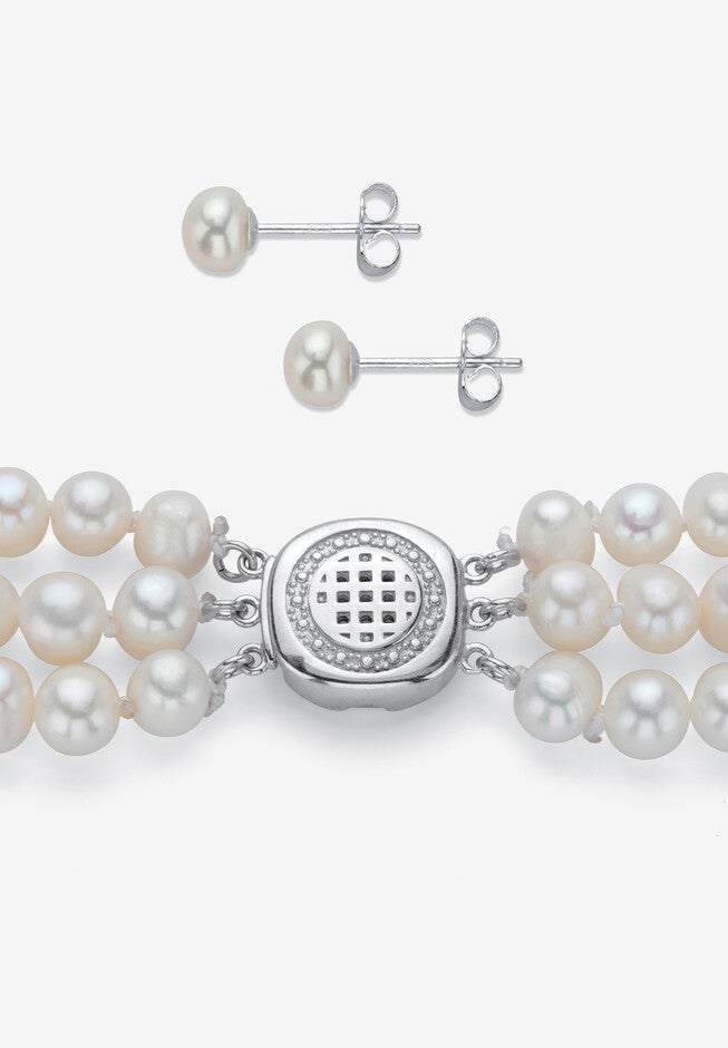 Silver Necklace, Bracelet And Earring Set, Cultured Freshwater Pearl, , on-hover image number null