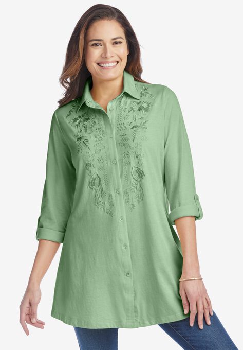 Button-Front Embroidered Tunic | Brylane Home