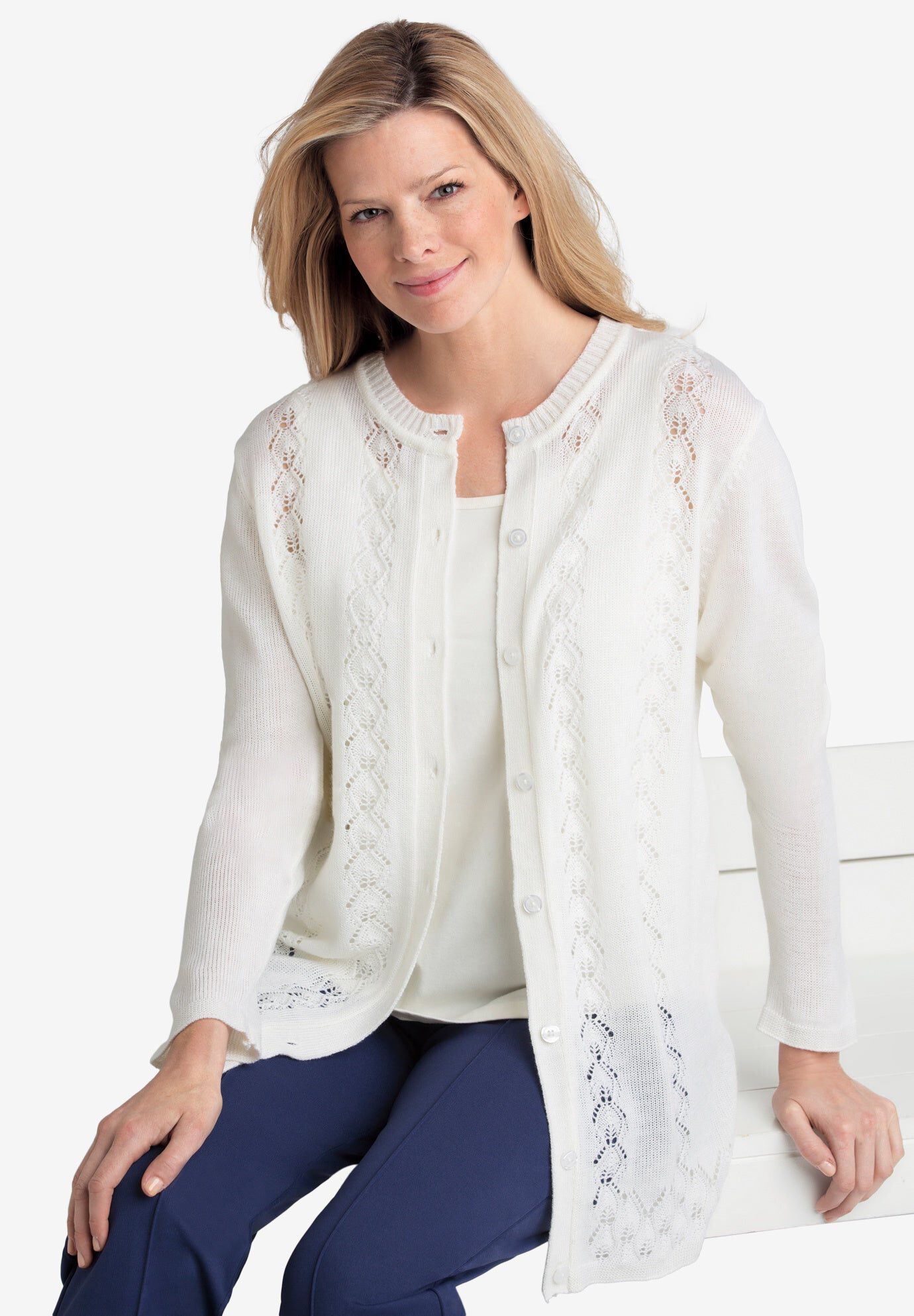 Long-Sleeve Pointelle Cardigan Sweater | Brylane Home