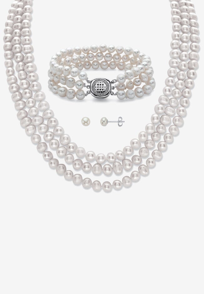 Silver Necklace, Bracelet And Earring Set, Cultured Freshwater Pearl, PEARL, hi-res image number null