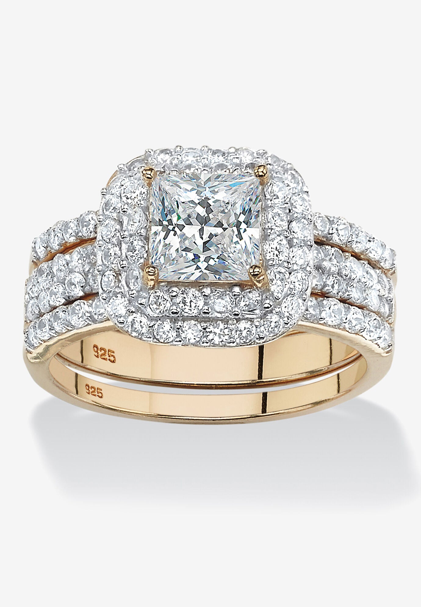 Cubic Zirconia Princess Cut Bridal Ring Set in Gold over Silver
