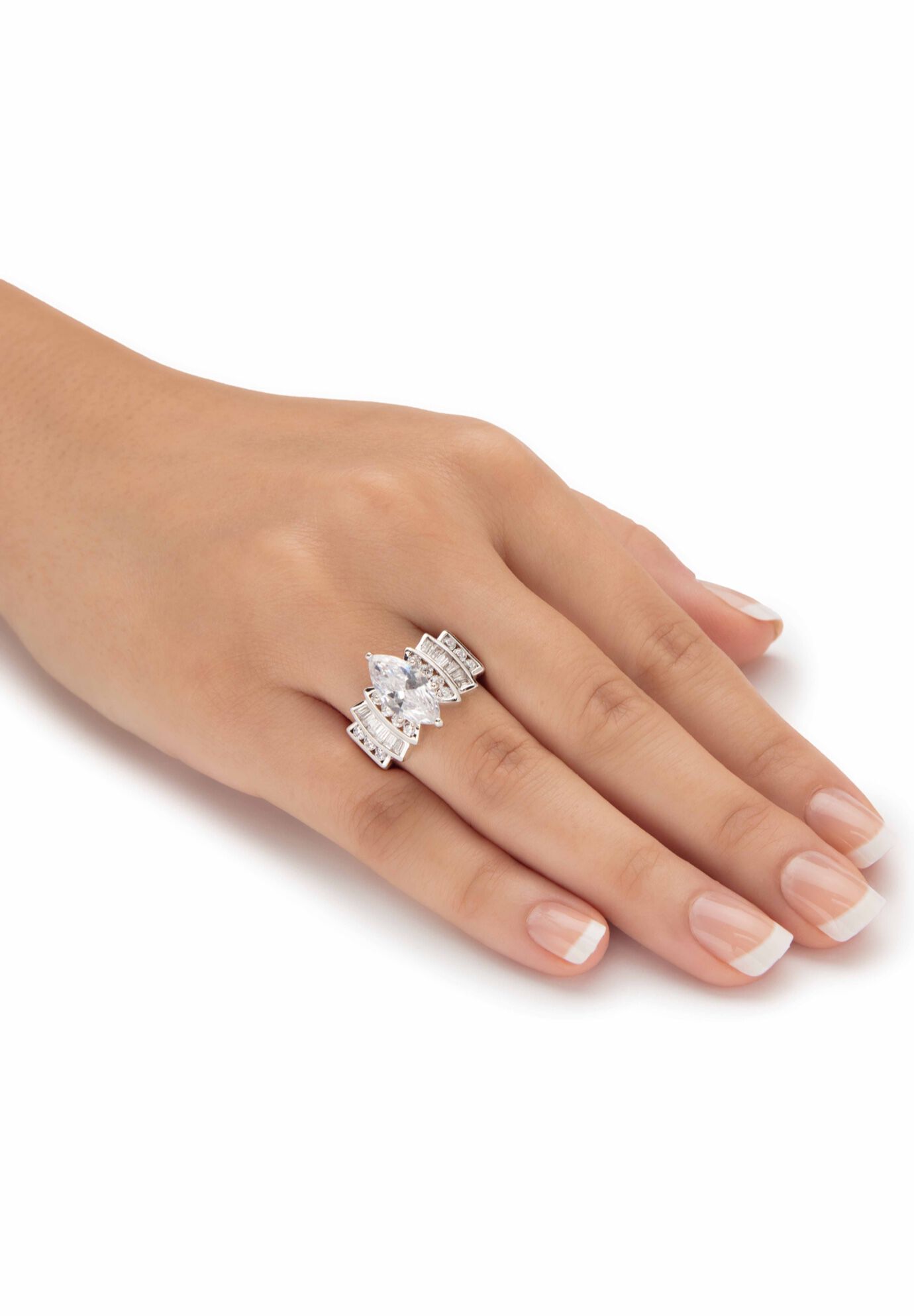 Silver Tone Marquise Cut Engagement Ring Cubic Zirconia, , alternate image number 2