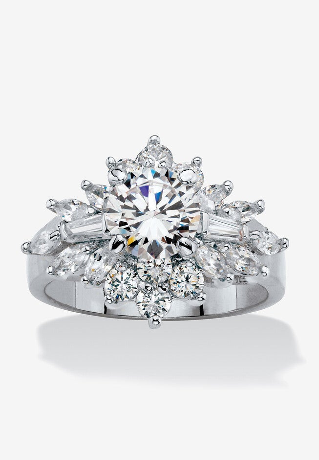 Platinum Plated Round Cluster Ring Cubic Zirconia (3 5/8 cttw TDW), PLATINUM, hi-res image number null