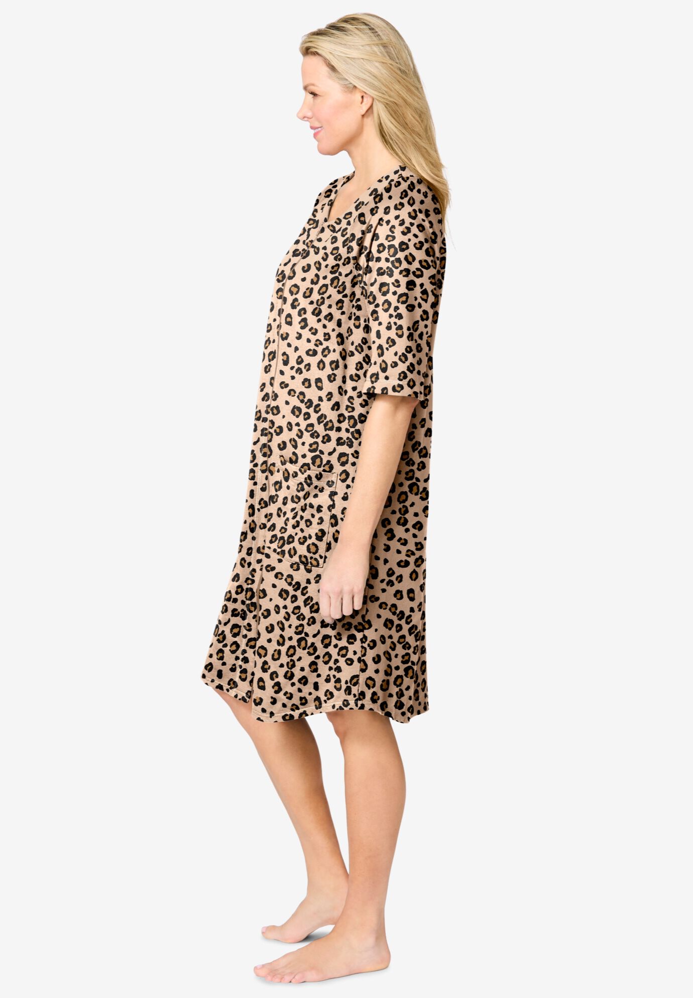 Short French Terry Zip-Front Robe, CLASSIC LEOPARD, alternate image number 2