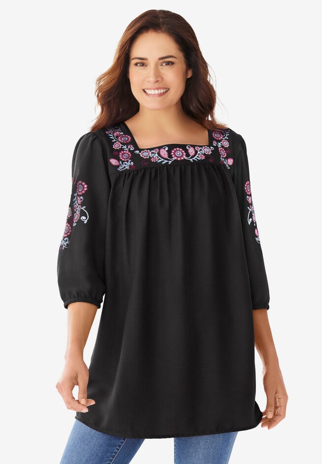 Embroidery Georgette Tunic, BLACK FLORAL VINE EMBROIDERY, hi-res image number 0