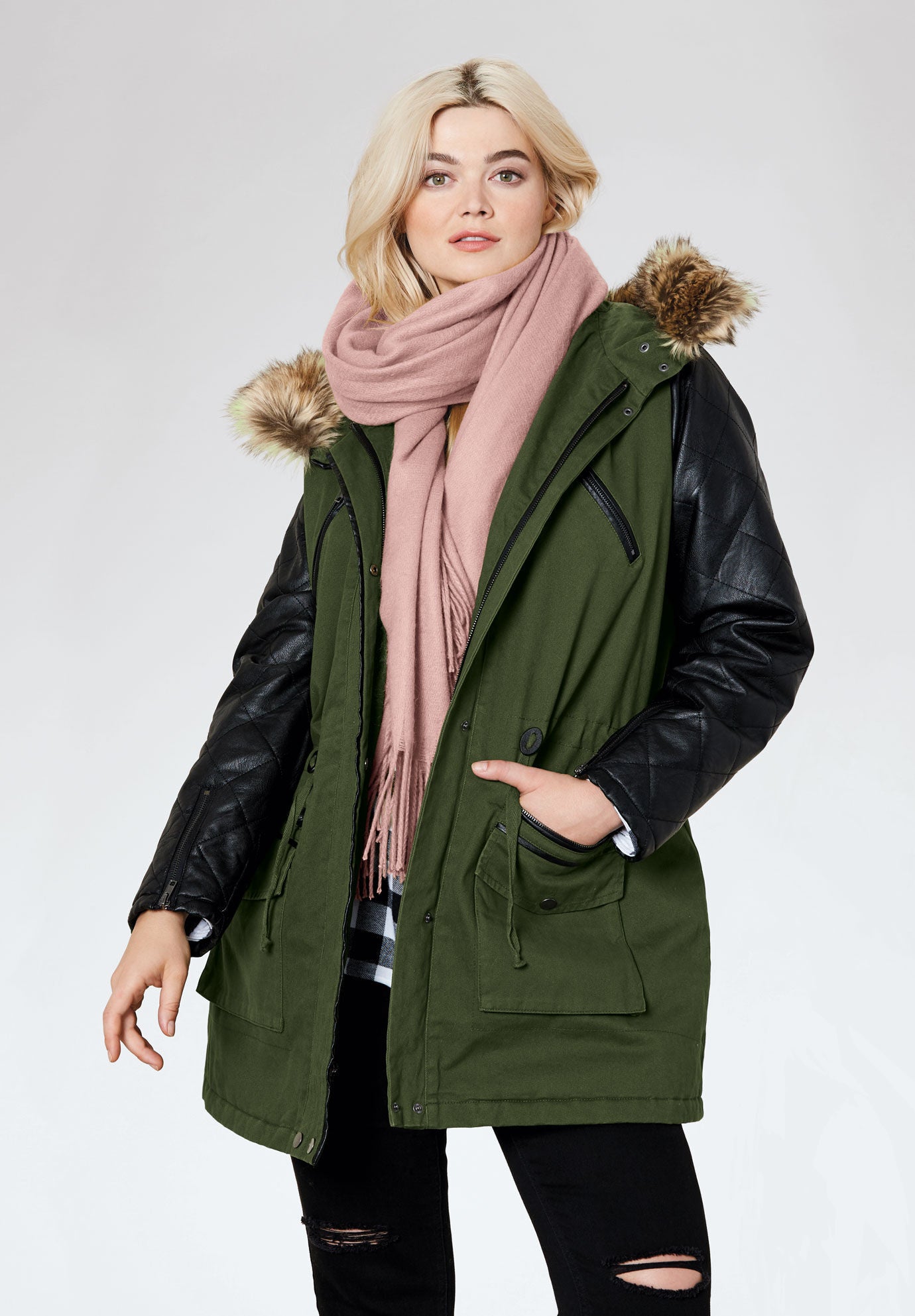 Quilted Faux Leather Sleeve Parka Brylane Home