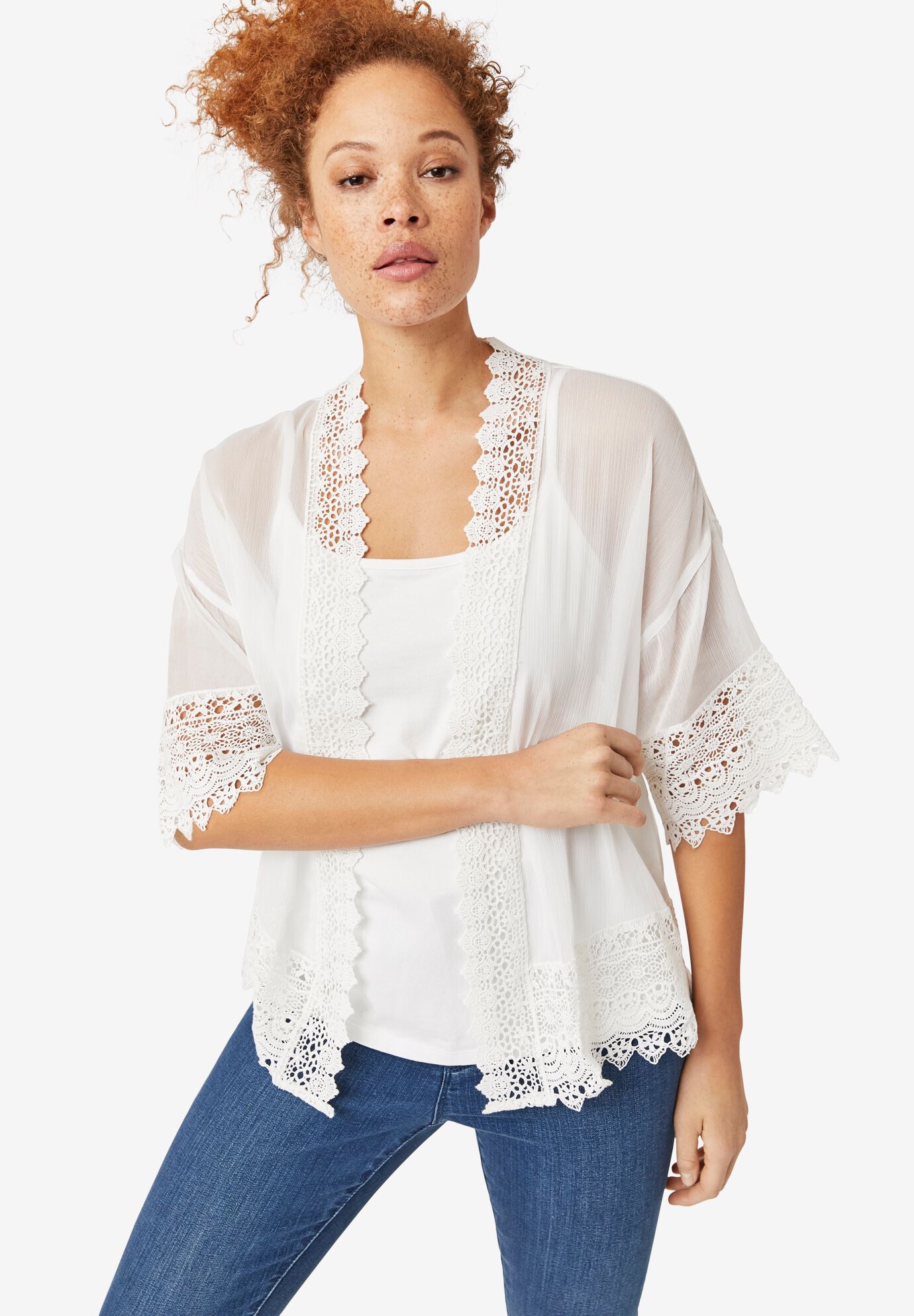 Sheer Lace Trim Kimono Cardigan Brylane Home