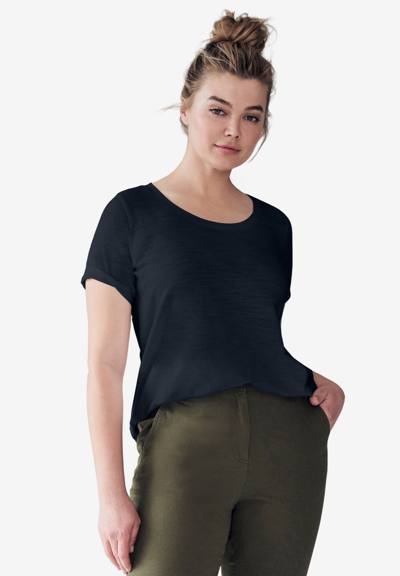 Scoop Neck Short Sleeve Tee, BLACK, hi-res image number 0