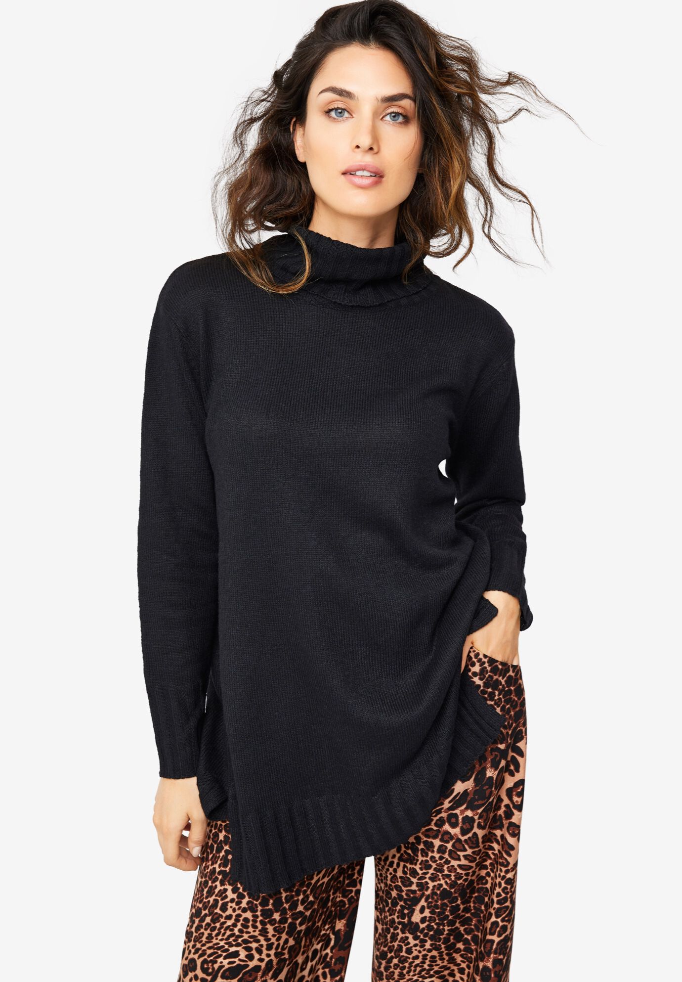Womens black turtleneck tunic sweater on sale