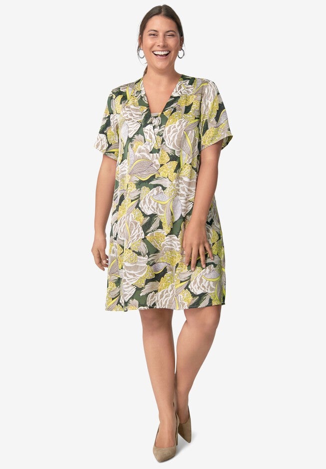 Linen Blend V-Neck Shift Dress, OLIVE YELLOW FLORAL, hi-res image number null