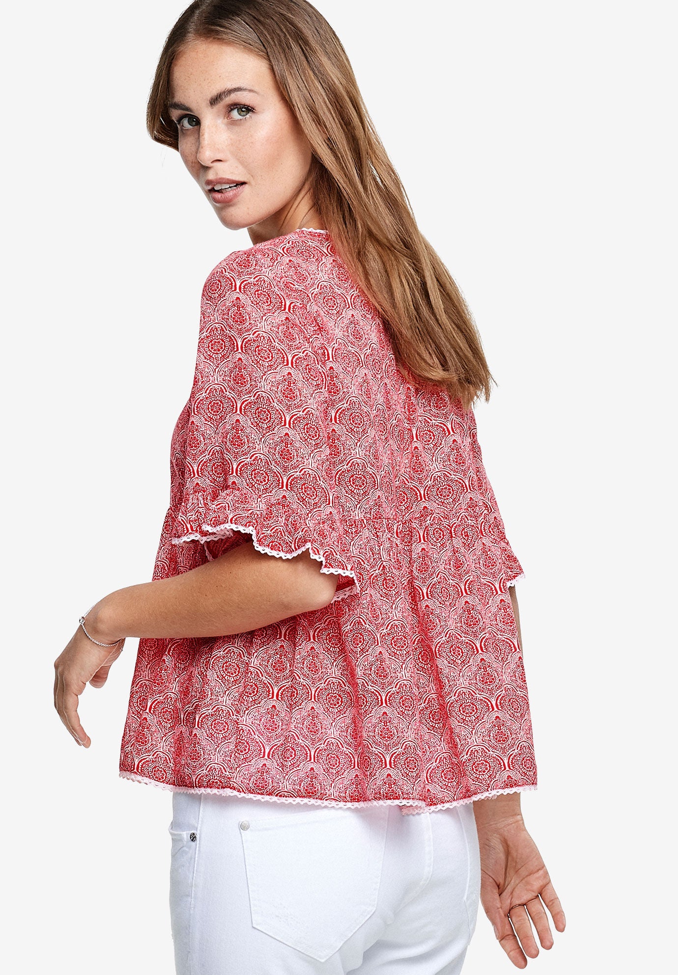 Ruffle Sleeve Babydoll Blouse, , on-hover image number 1