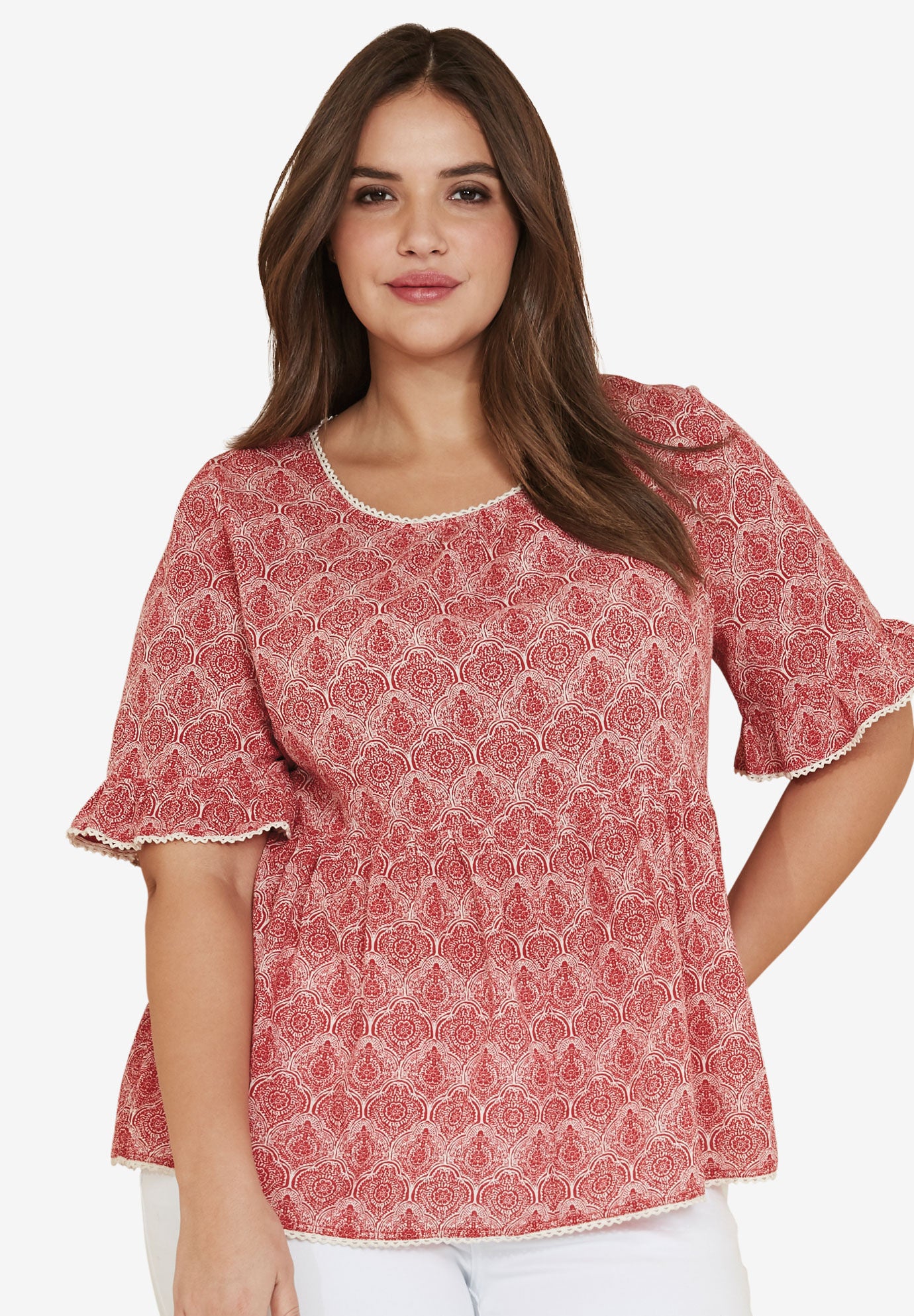 Ruffle Sleeve Babydoll Blouse, APPLE RED MEDALLION, hi-res image number 0
