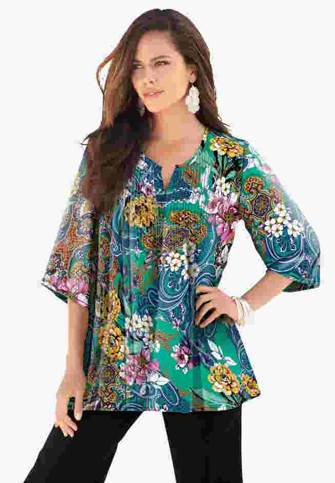 Plus Size Tara Pleated Shirt – Adjustable 3/4 Sleeve Swing Tunic with Notch Collar image number 0