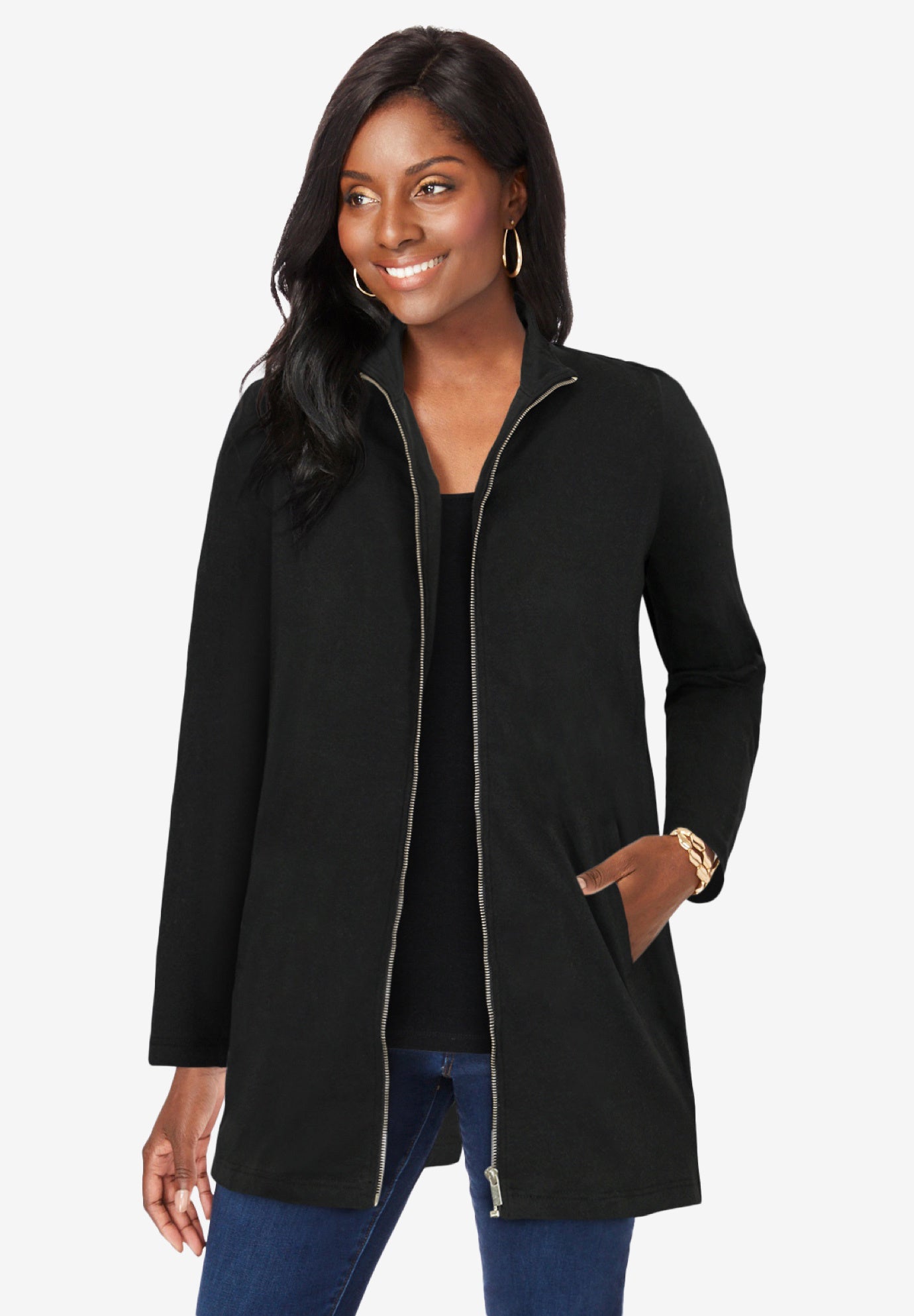 Stretch Cotton Zip Front Hi-Low Jacket image number 0