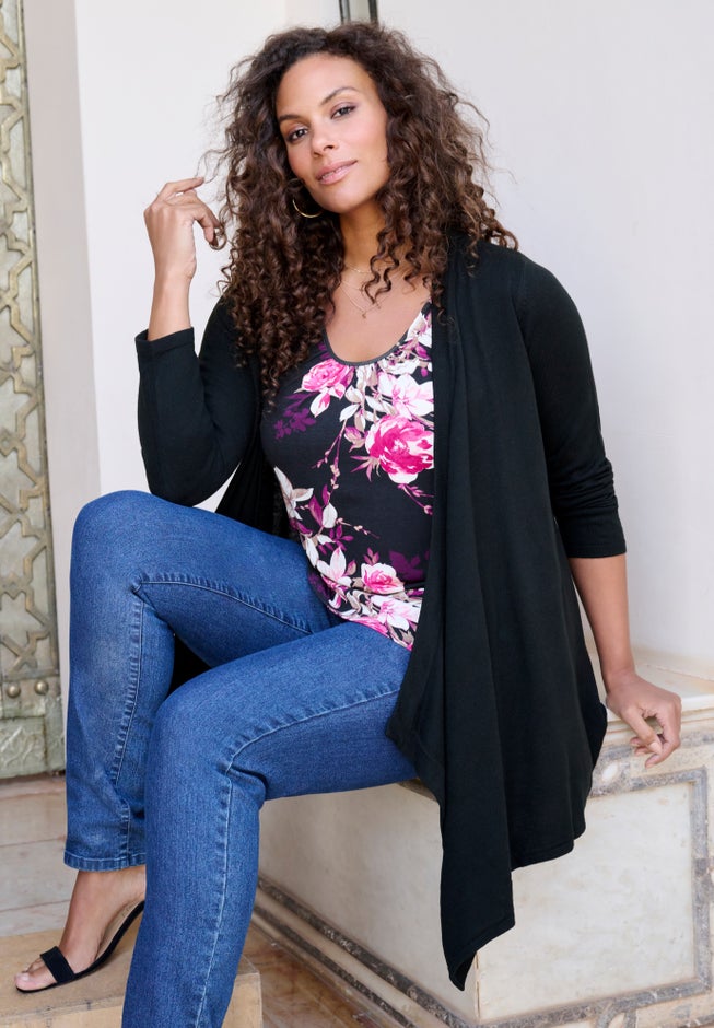 Plus Size Lightweight Handkerchief Hem Cardigan Sweater image number 1