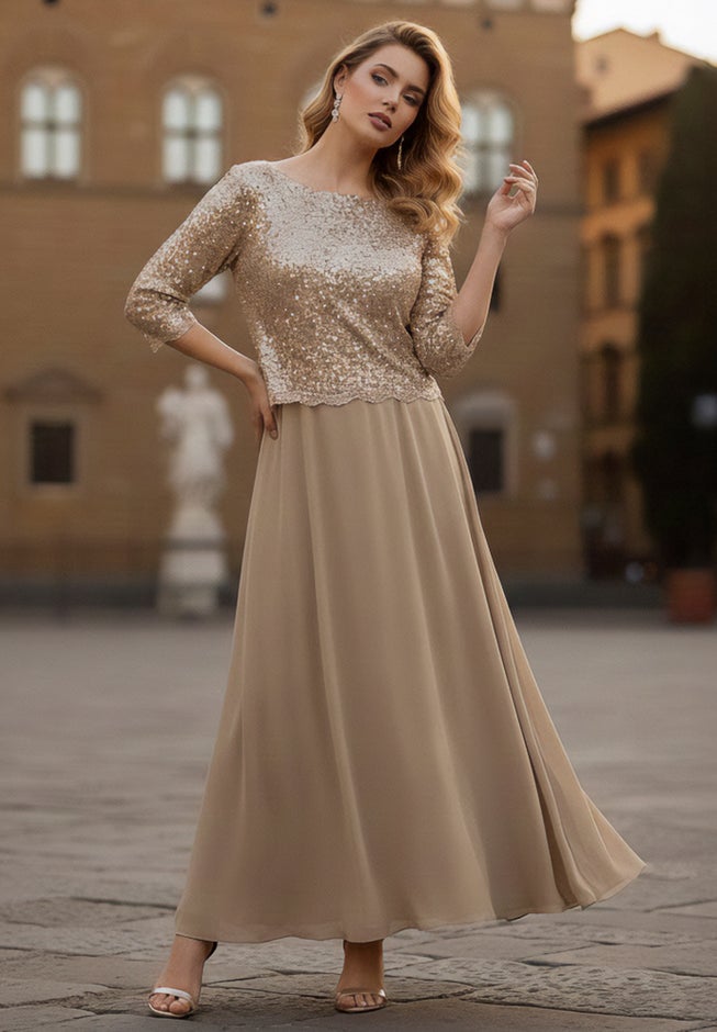 Plus Size Sequin Lace Three Quarter Sleeve A-Line Gown | Brylane Home Plus Size Sequin Lace Three Quarter Sleeve A-Line Gown | Brylane Home