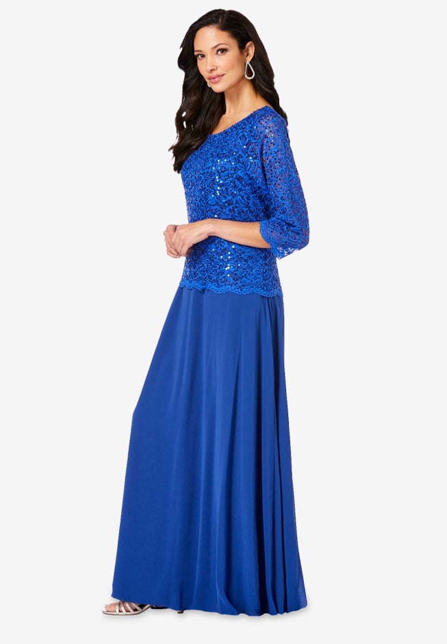 Plus Size Sparkle Lace Popover A-Line Gown with 3/4 Sleeves image number 3