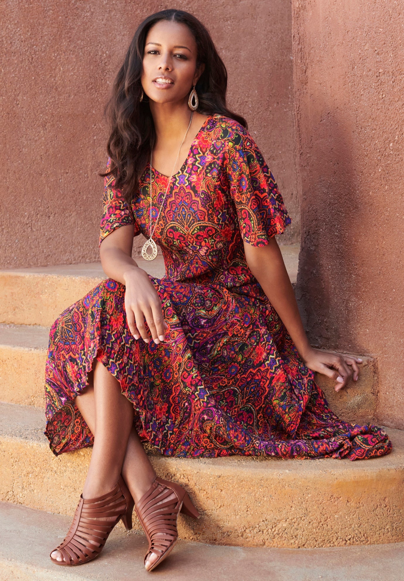 Plus Size Hand Crinkled Flutter-Sleeve Maxi Dress image number 1