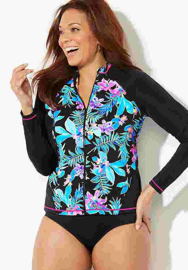 Chlorine Resistant Zip Front Long Sleeve Swim Shirt image number 3