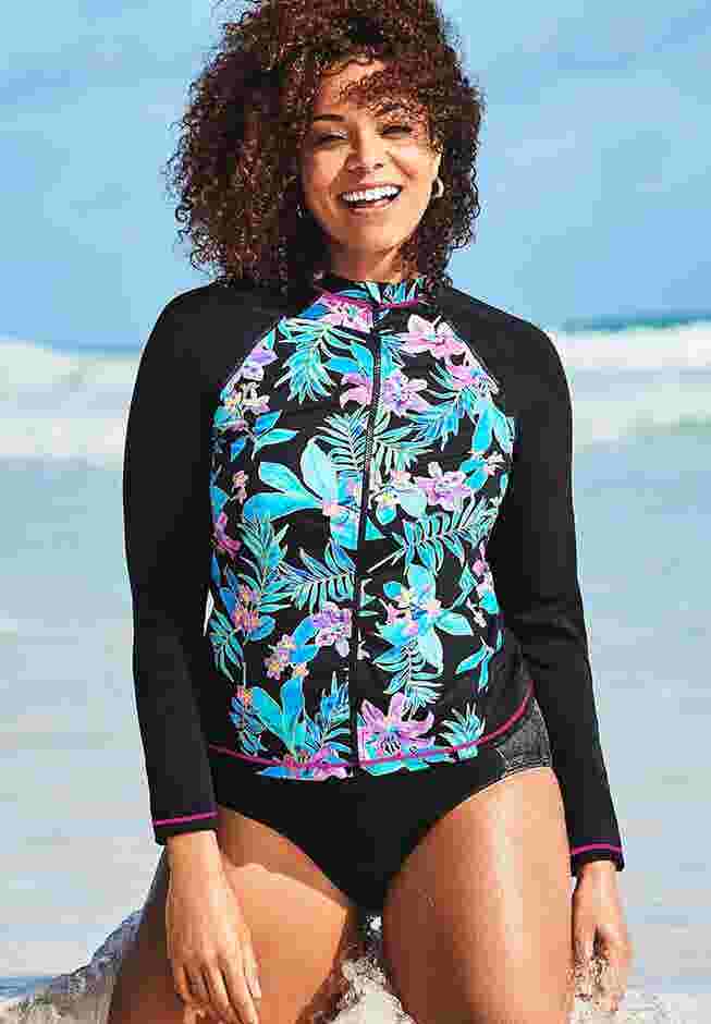 Chlorine Resistant Zip Front Long Sleeve Swim Shirt image number 4