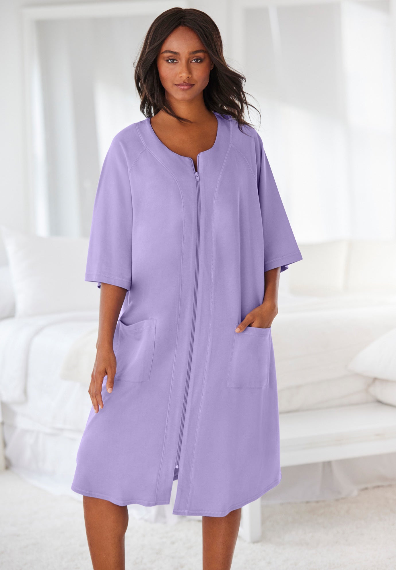 Short French Terry Zip-Front Robe image number 5