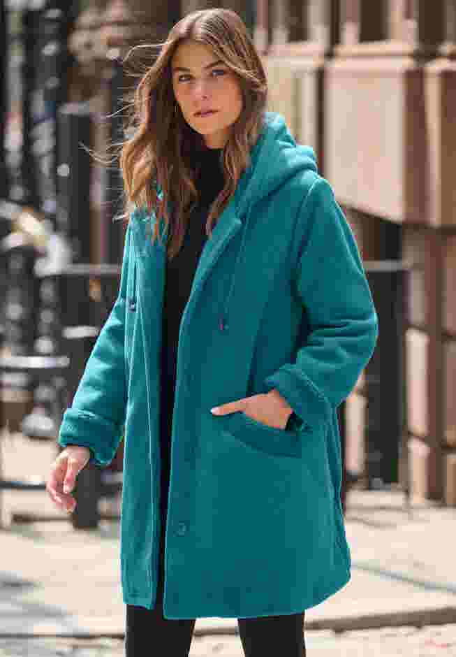 Hooded Button Front Plush Fleece Coat image number 0
