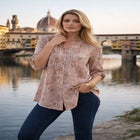 Plus Size Floral Y-Neck Pintuck Tunic &ndash; Adjustable Long Sleeve Button-Front, Relaxed Shirt Style image number null
