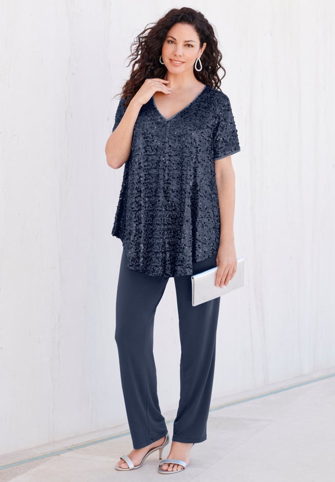 Plus-Size 2 Piece S/S Sequin Top and Pant Set image number 0