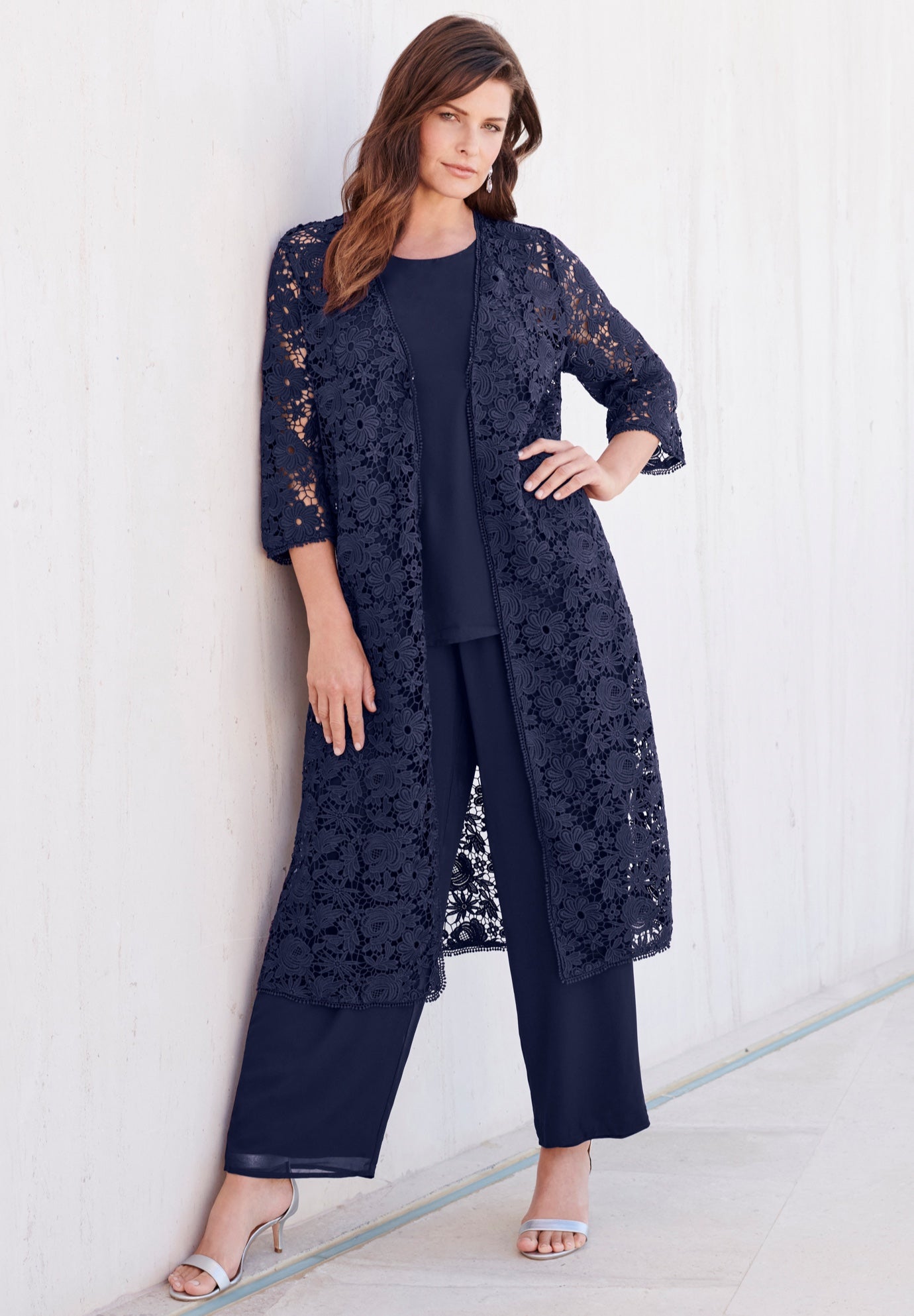 Plus Size 3-Piece Allover Lace Duster Pant Set – Formal Wear image number 0