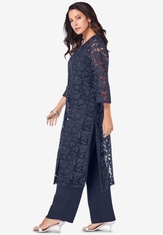 Plus Size 3-Piece Allover Lace Duster Pant Set – Formal Wear image number 2