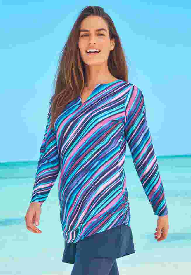Split-Neck Long Sleeve Swim Tee with Built-In Bra image number 2