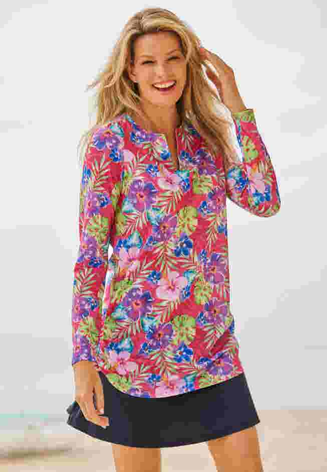 Split-Neck Long Sleeve Swim Tee with Built-In Bra image number 0