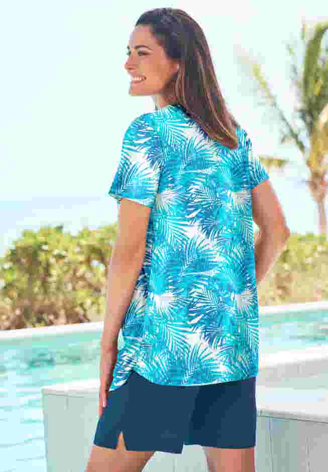 Split-Neck Short Sleeve Swim Tee with Built-In Bra image number 1