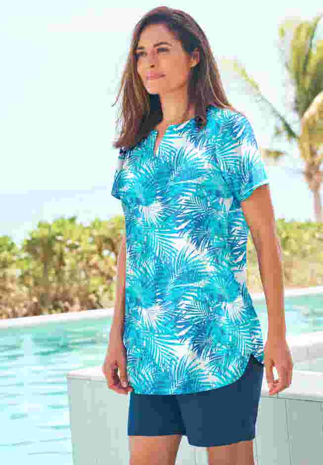 Split-Neck Short Sleeve Swim Tee with Built-In Bra image number 2