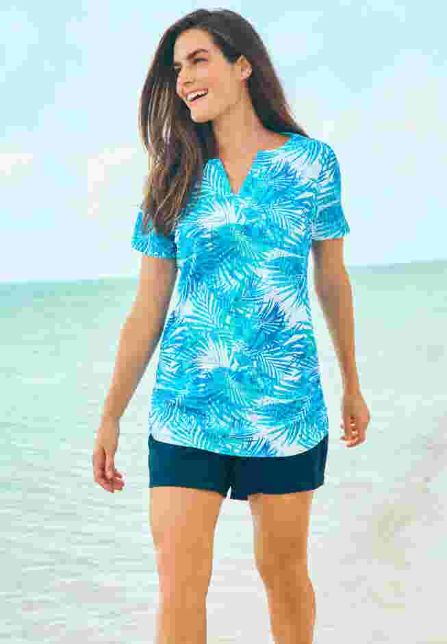 Split-Neck Short Sleeve Swim Tee with Built-In Bra image number 0