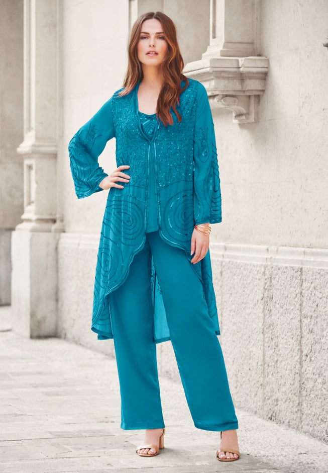 Plus Size Beaded Georgette 3-piece Pant Set – Formal Wear image number 3