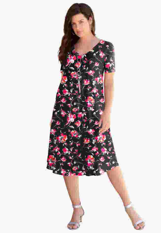 UltraSmooth™ Plus Size V-Neck Swing Dress – Soft Knit, Flattering Fit image number 0