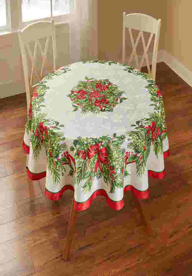 Holly Ribbon Tablecloth 70"Round image number 0