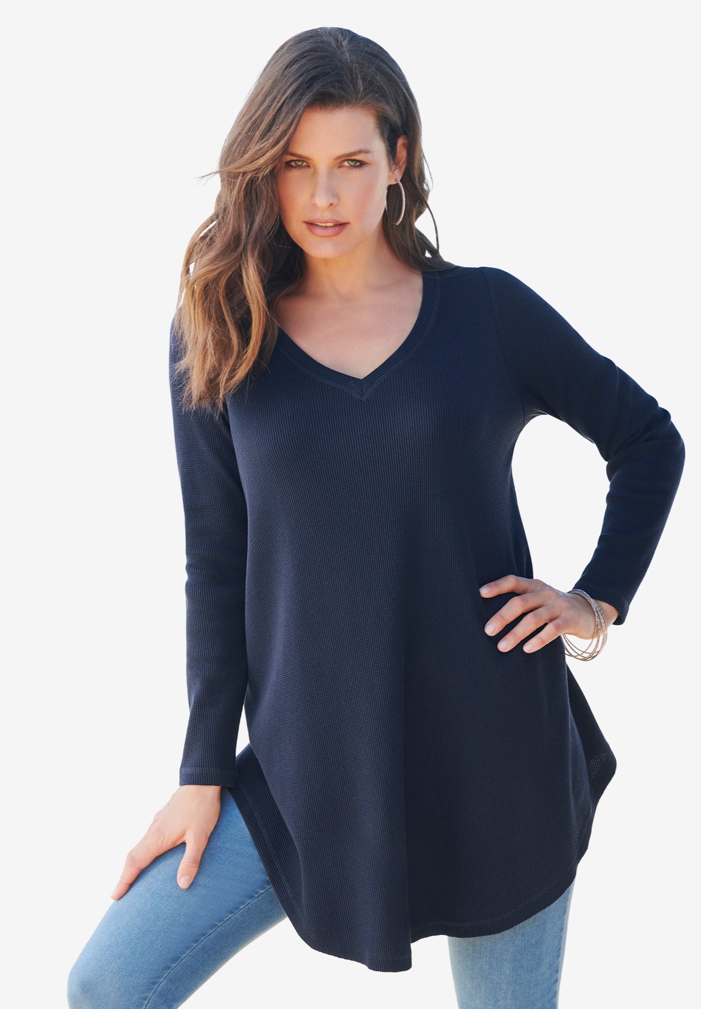 Plus Size Knit Thermal V Neck Swing Tunic &ndash; Long Sleeve image number 1