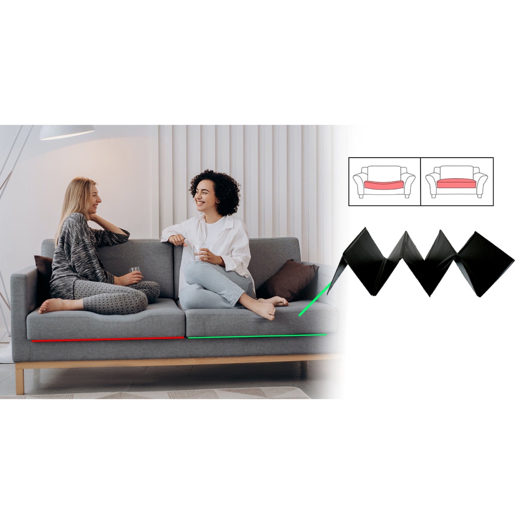 Two women sitting on a sofa with a cushion support, demonstrating its use.