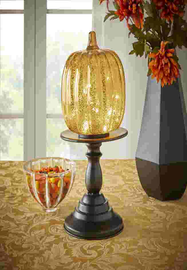 11"H x 6"Diam. Pre-Lit Glass Pumpkin on Stand image number 1