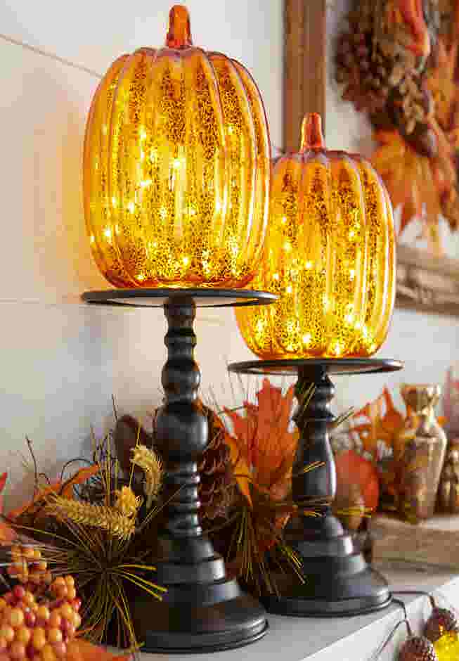 11"H x 6"Diam. Pre-Lit Glass Pumpkin on Stand image number 0