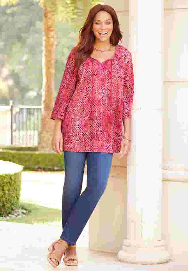 Sequin Trim Gauze Peasant Blouse image number 4
