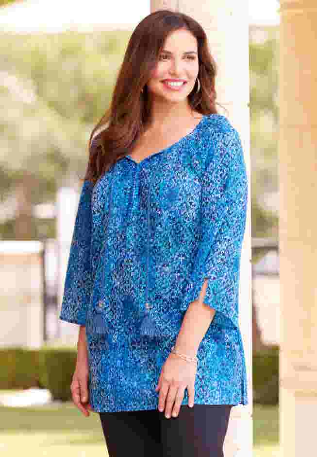 Sequin Trim Gauze Peasant Blouse image number 5