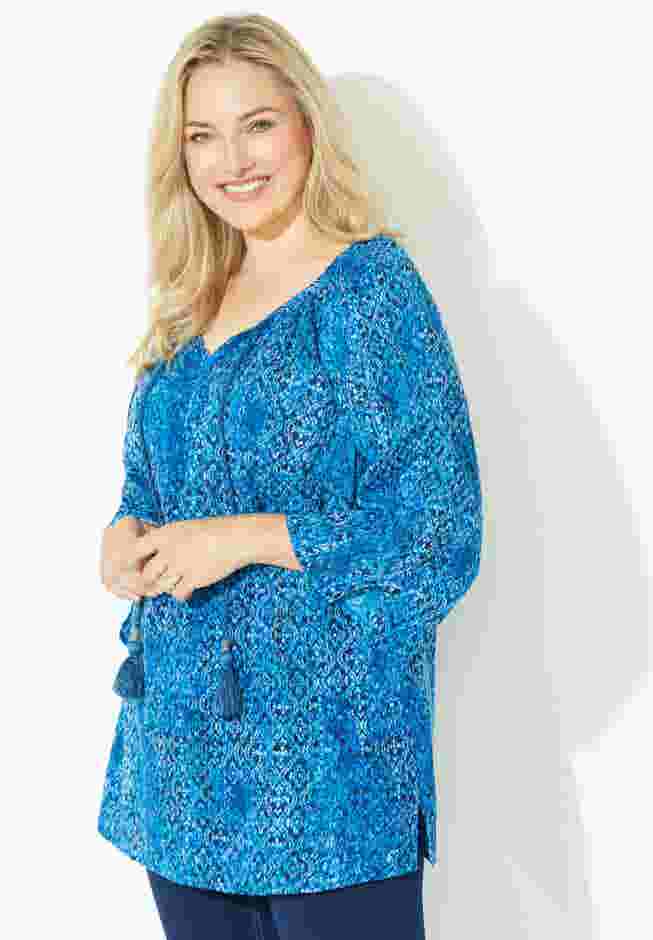 Sequin Trim Gauze Peasant Blouse image number 2