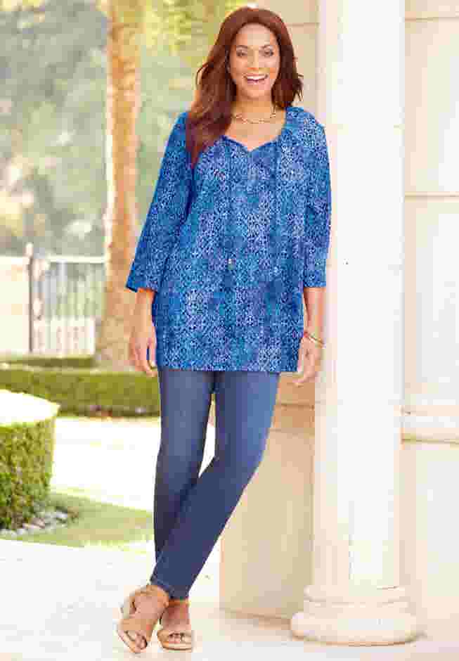 Sequin Trim Gauze Peasant Blouse image number 0