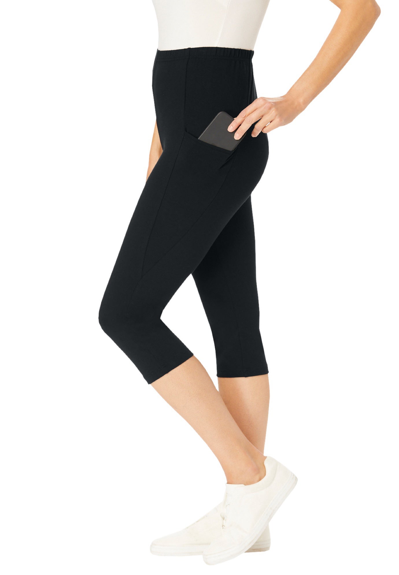 Stretch-Cotton Knit Pull-On Pocket Capri Leggings image number 2